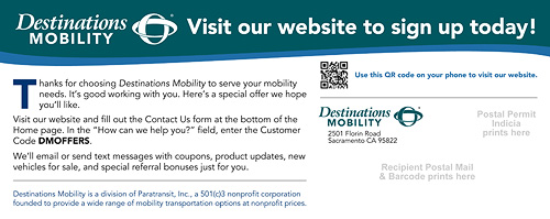 Destinations Mobility direct mail postcard back