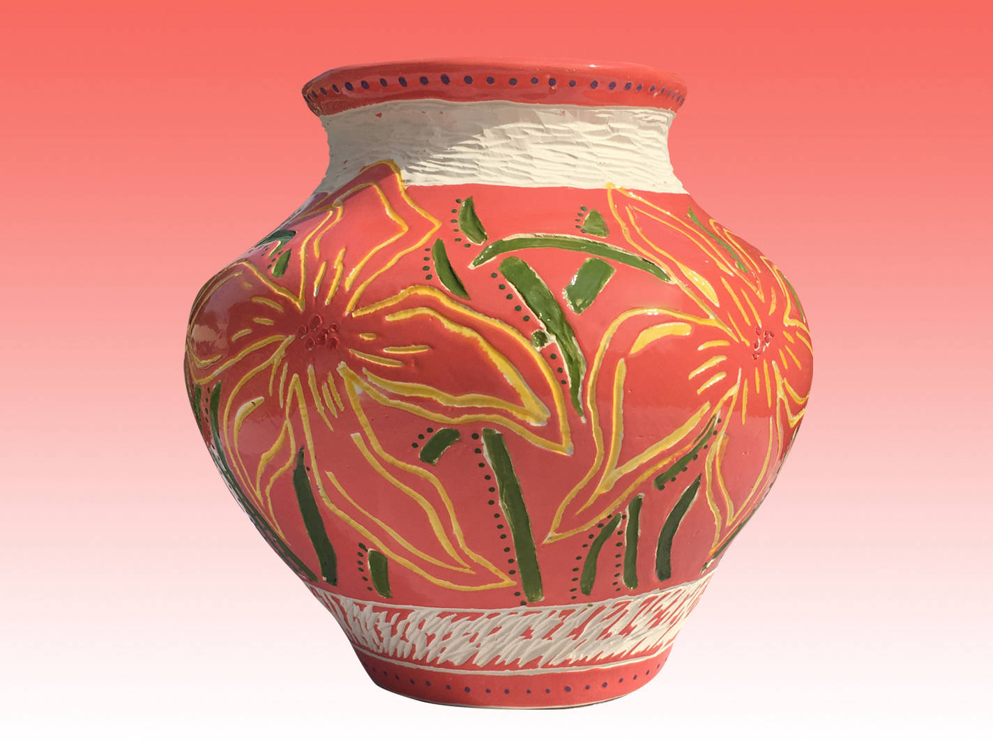 Coilbuilt Sgraffito Vase, White Stoneware